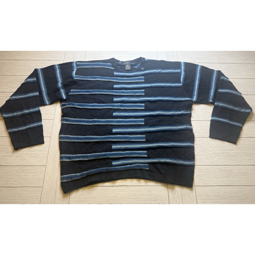 Bugatchi‎ Vintage Mens Merino Wool Sz M Black Blue Crewneck Long Sleeve Sweater